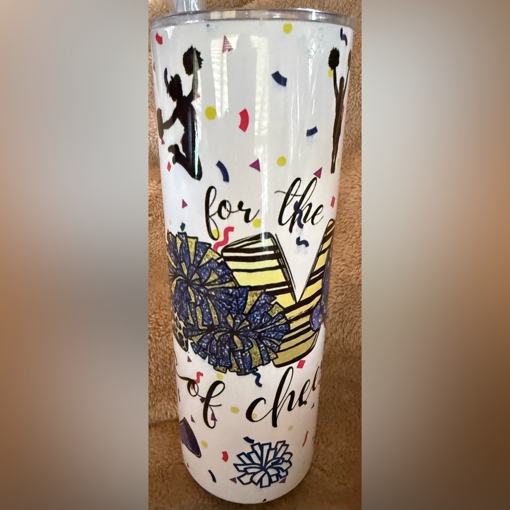 White Cheer-Themed Insulated Tumbler with Blue and Yellow Accents